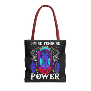 Front view of Divine Feminine Power tote bag with red handles and spiritual design