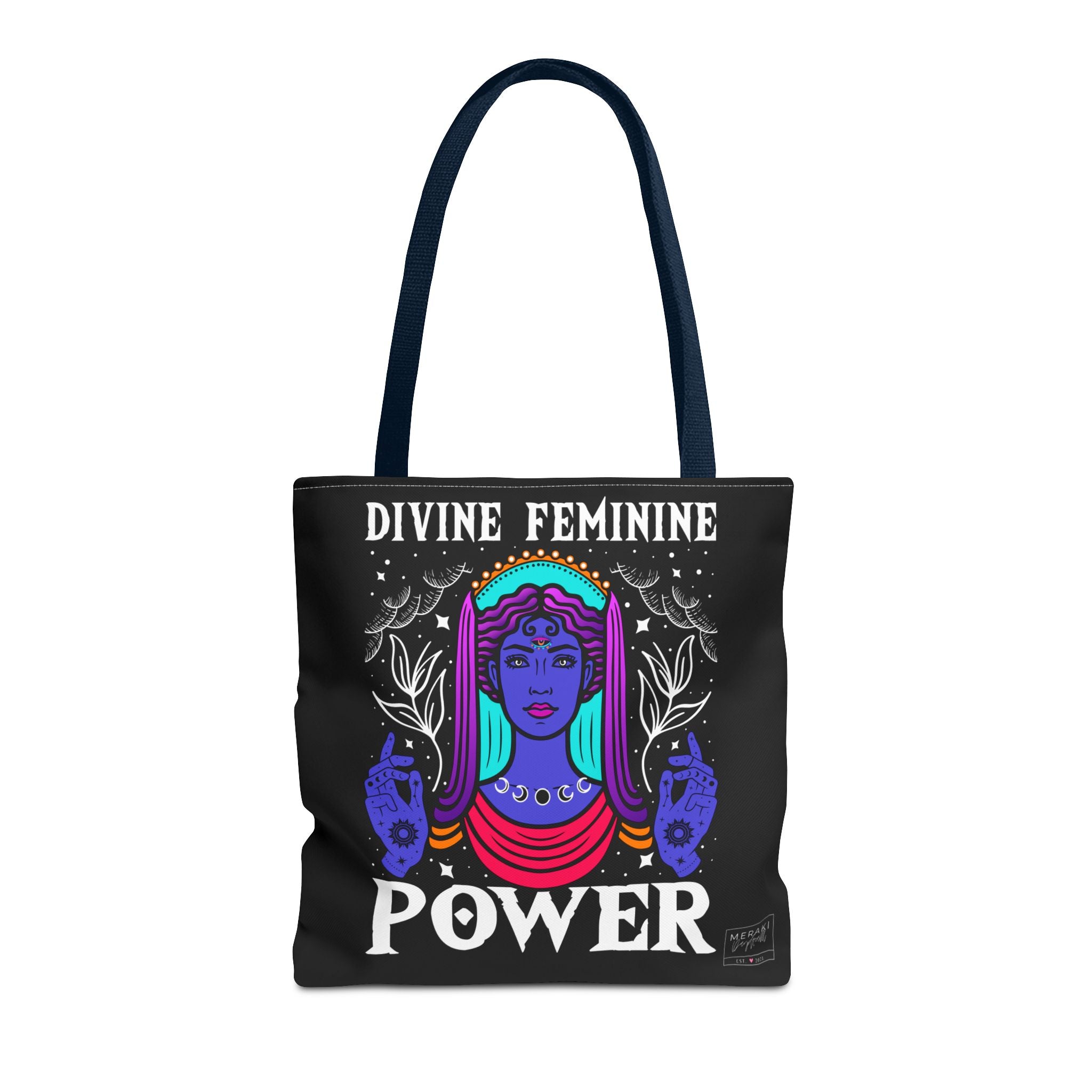 Front view of Divine Feminine Power tote with navy blue handles and soft edges