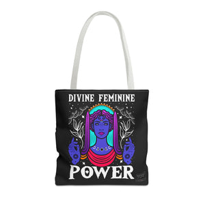 Front view of Divine Feminine Power tote with white handles and bold feminine text