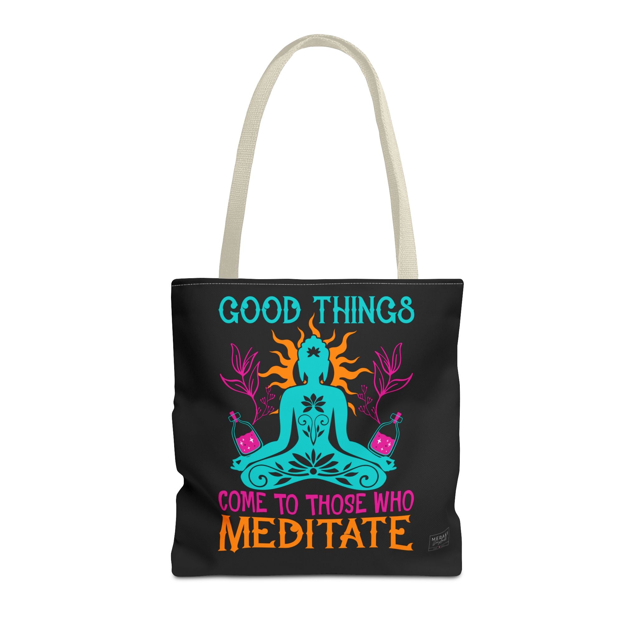 Front view of Meditation tote bag with beige handles and soft minimalist vibe
