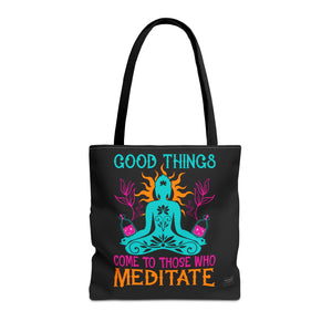 Front view of Meditation tote bag with black handles and calming script