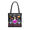 Front view of Self Love Medicine tote bag with black handles and soft energy design