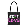 Front view of Self Love tote bag with black handles