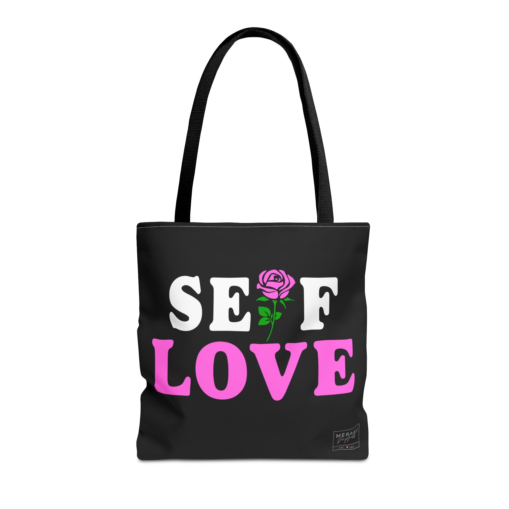 Front view of Self Love tote bag with black handles