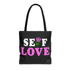 Front view of Self Love tote bag with black handles