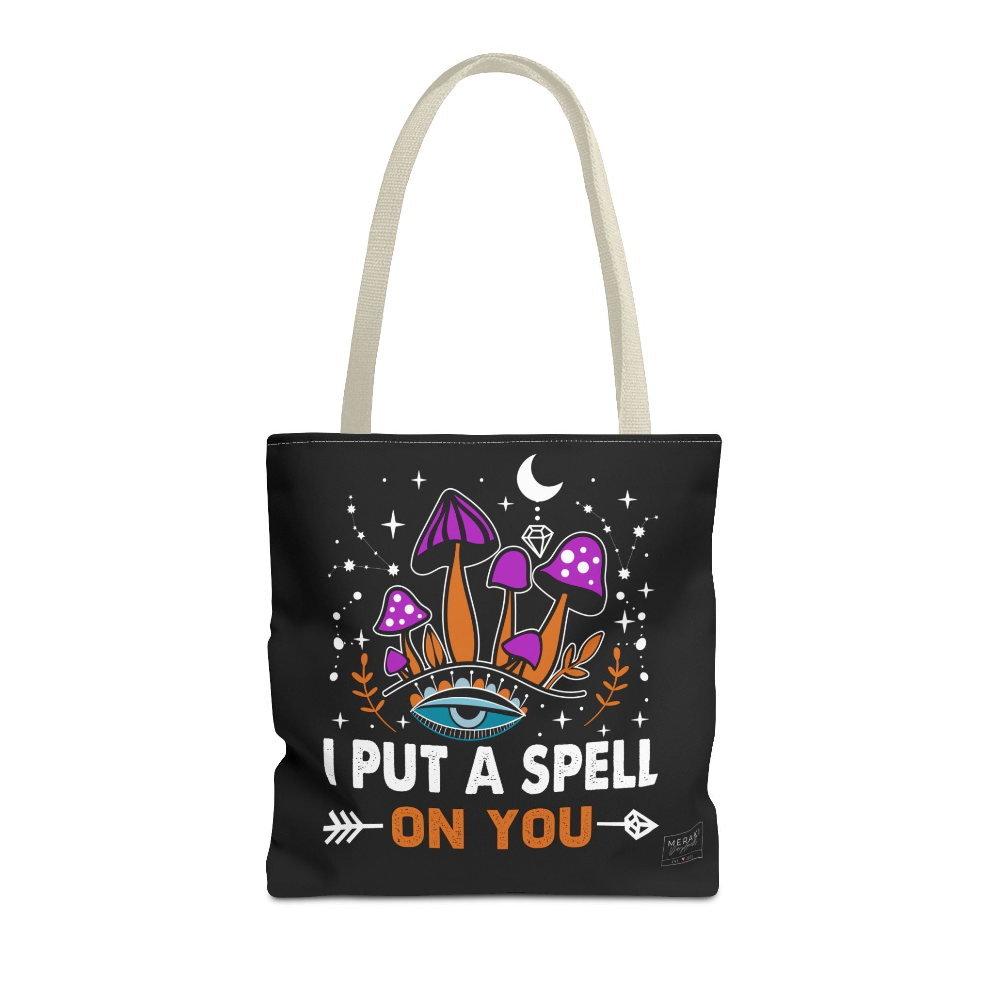 Front view of beige handle spell tote bag with spiritual print and clean lines