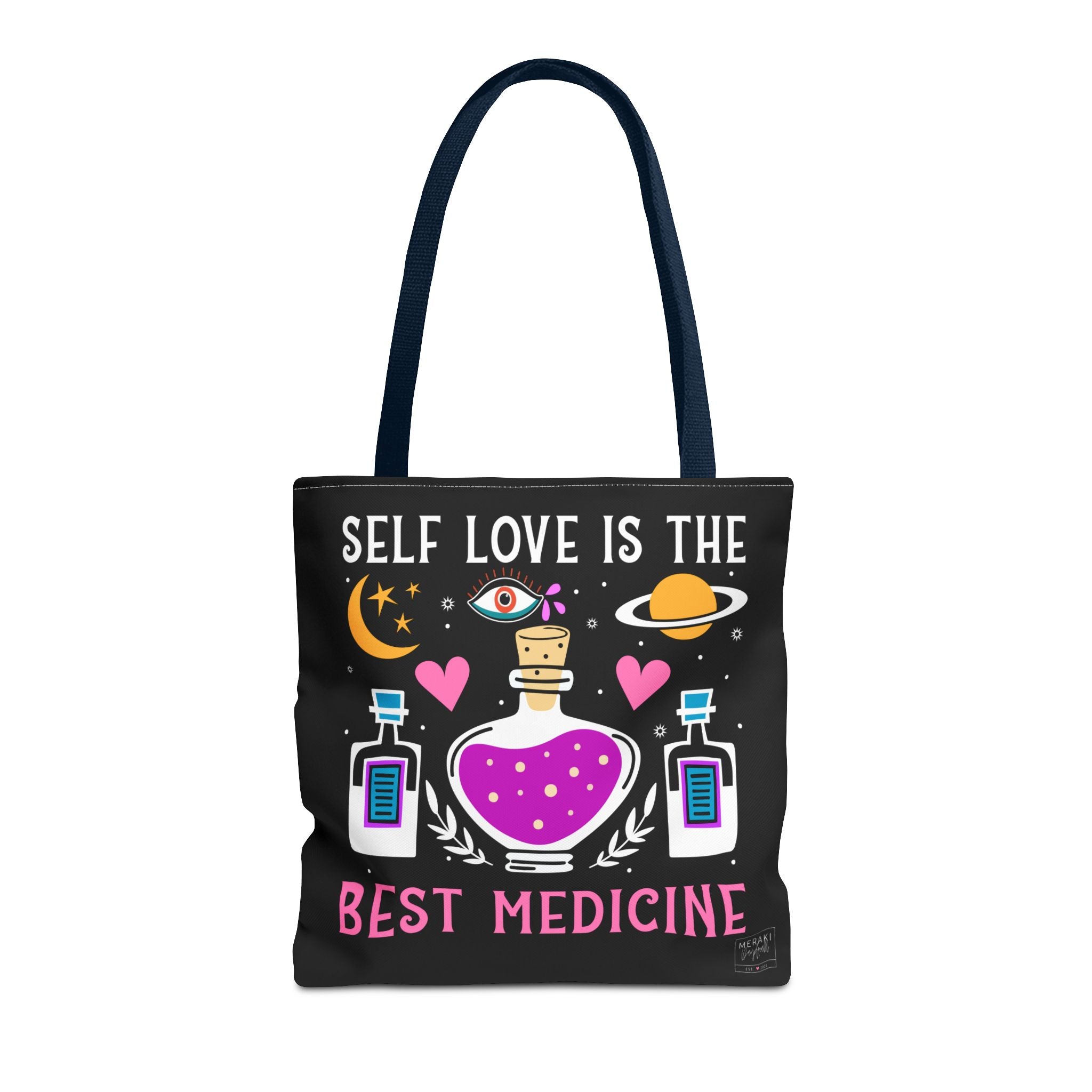 Front view of navy blue handle tote bag with Self Love Medicine design