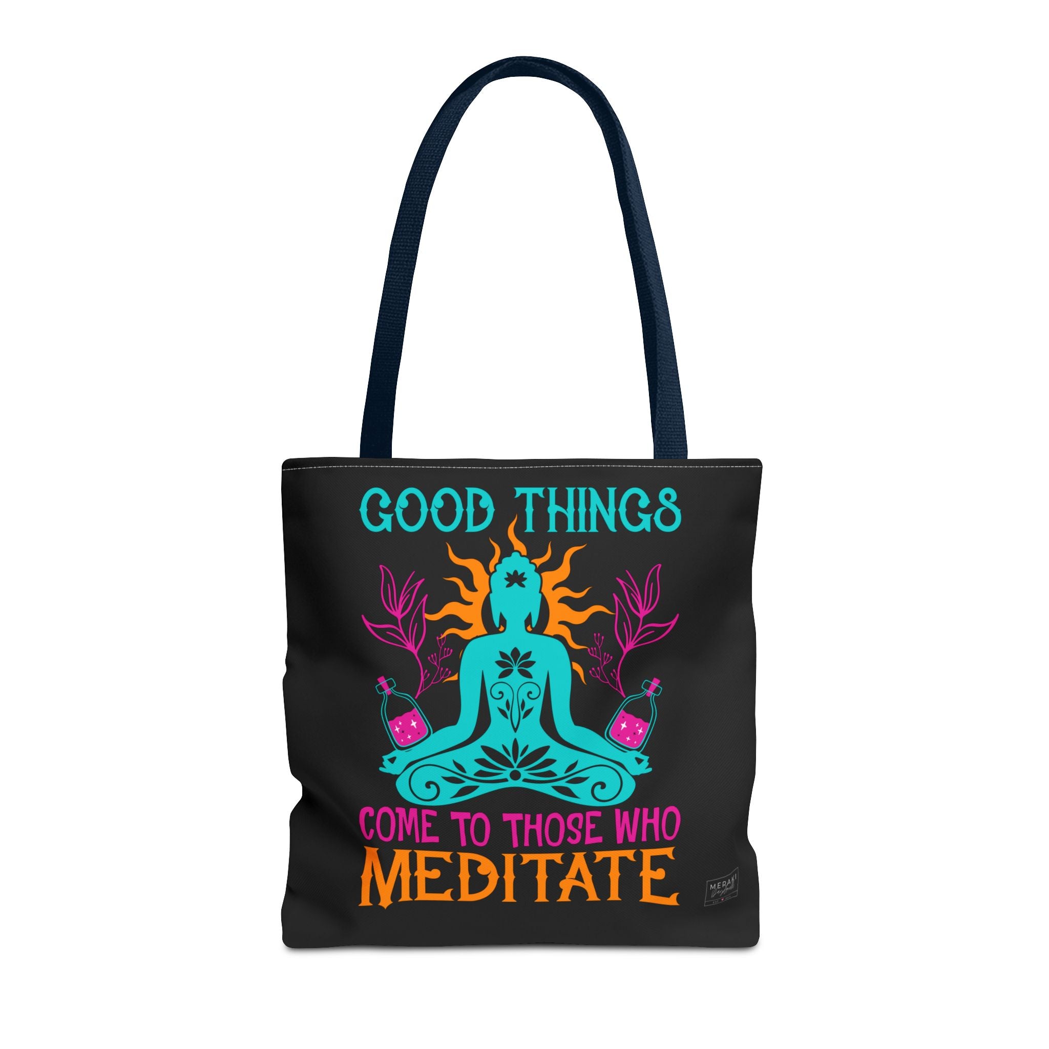 Front view of navy handle Meditation tote bag with clean design and grounding energy