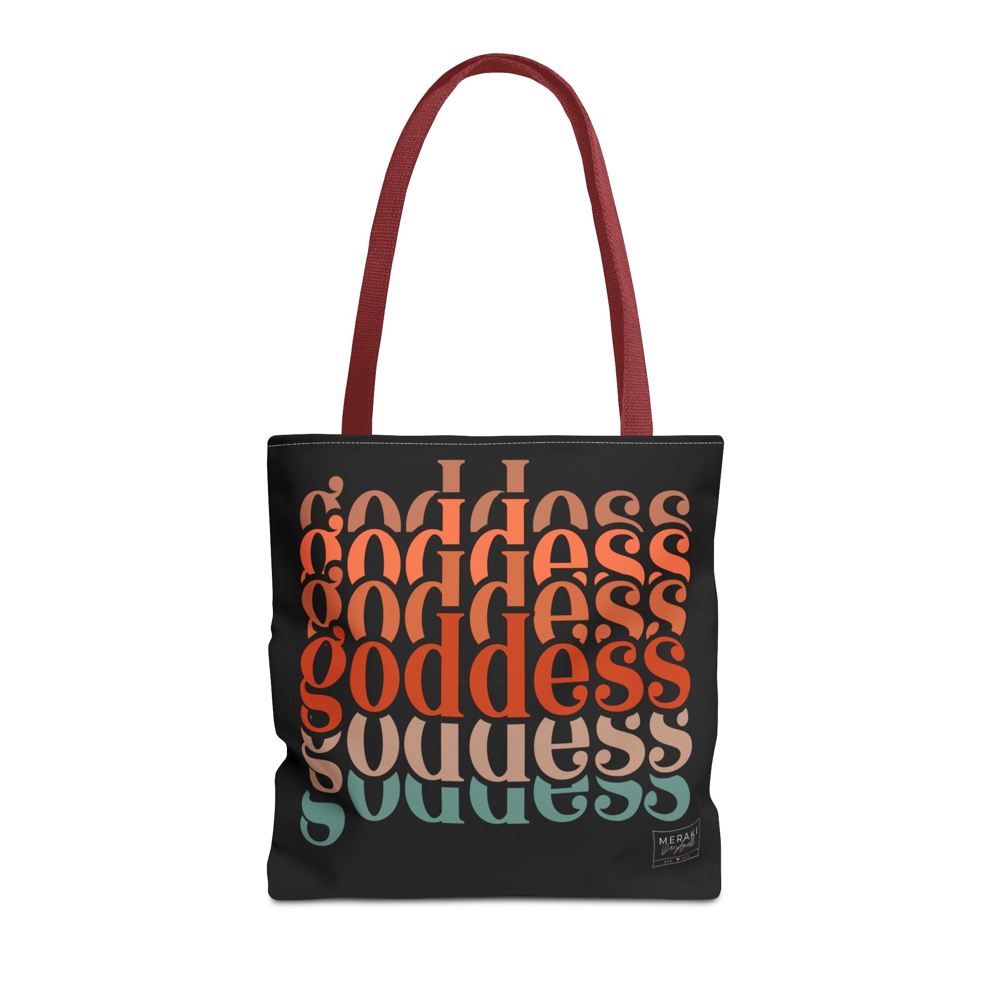 "Front view of red handle Goddess tote with elegant spiritual message"

