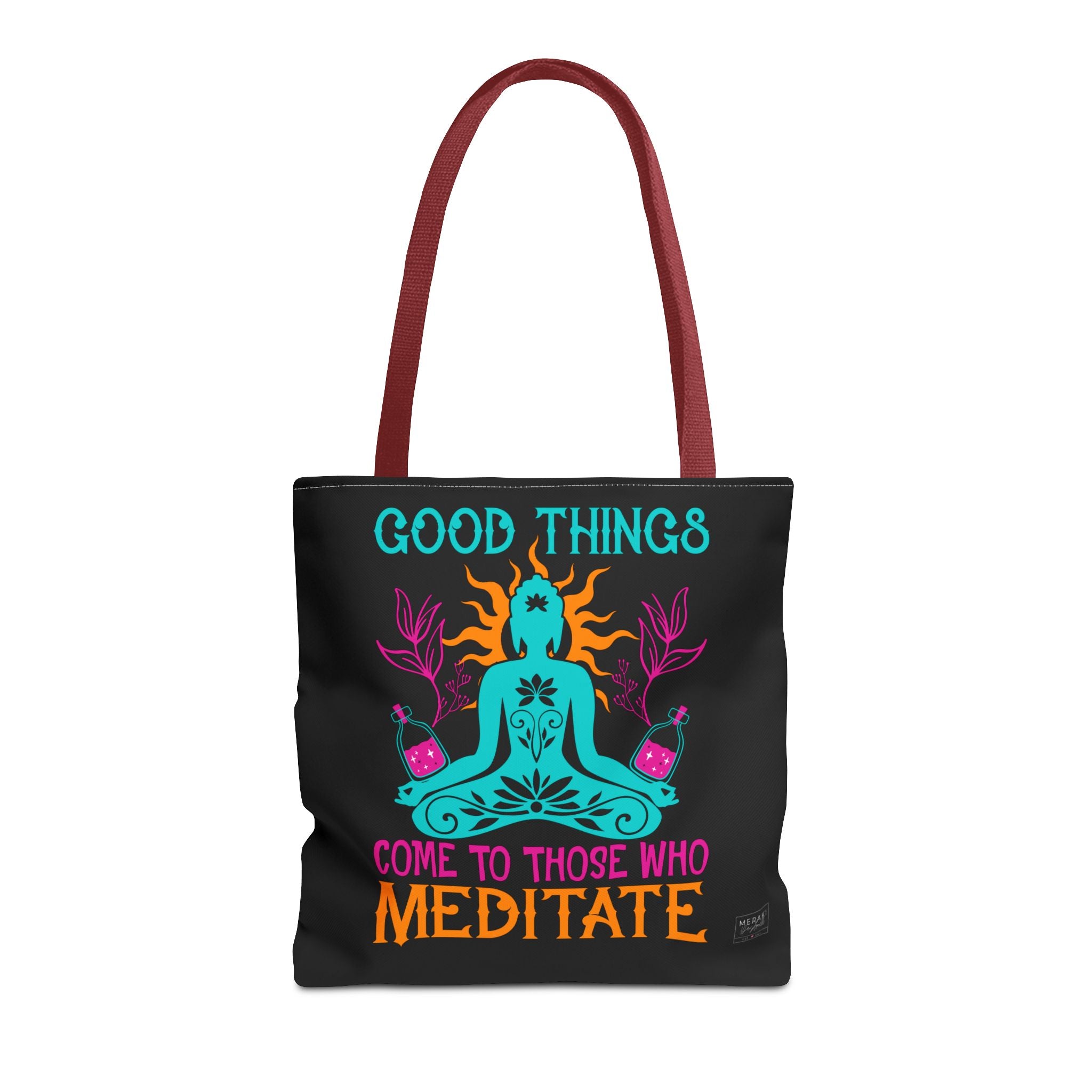 Front view of red handle Meditation tote with mindful design