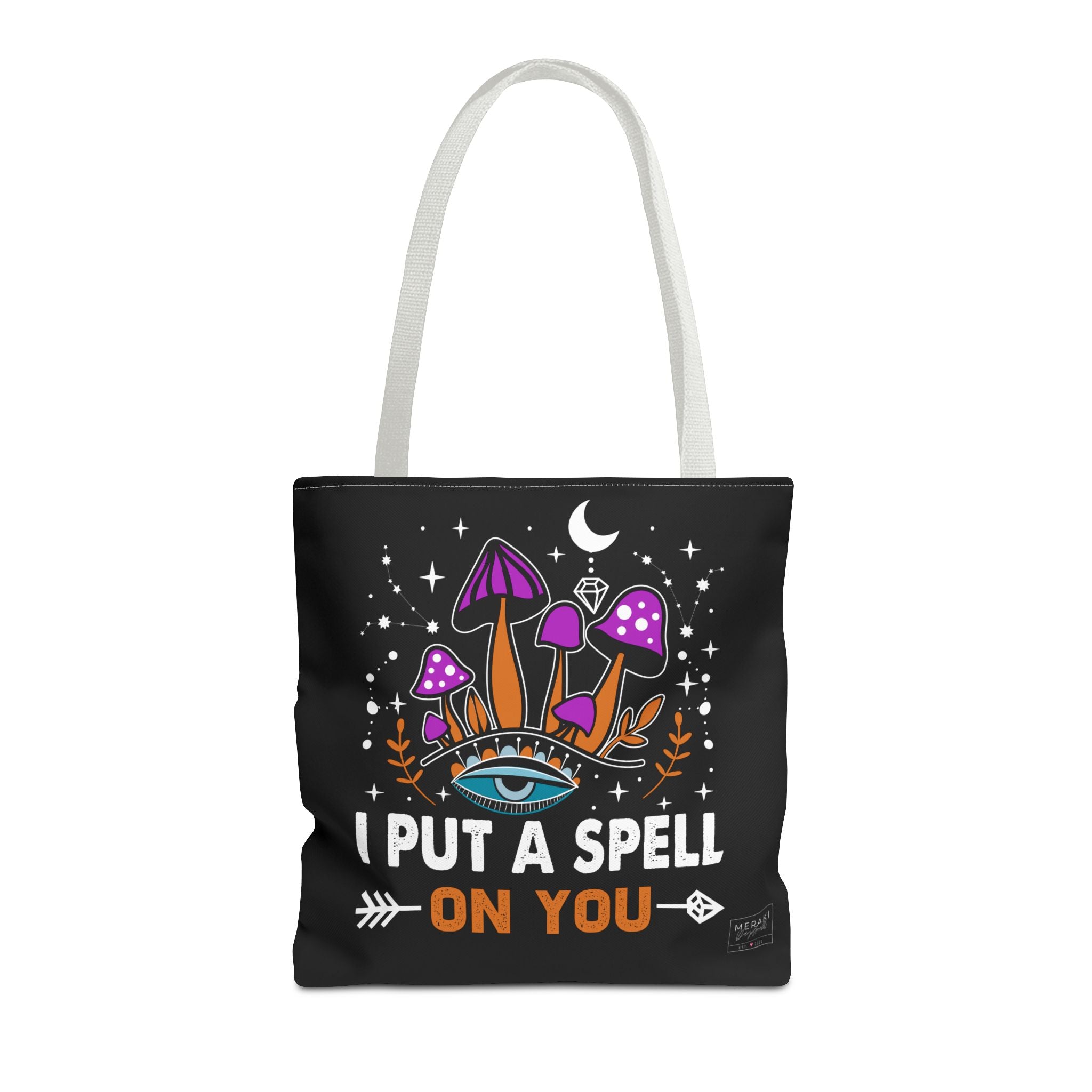 Front view of white handle spell tote bag with spiritual print and clean lines
