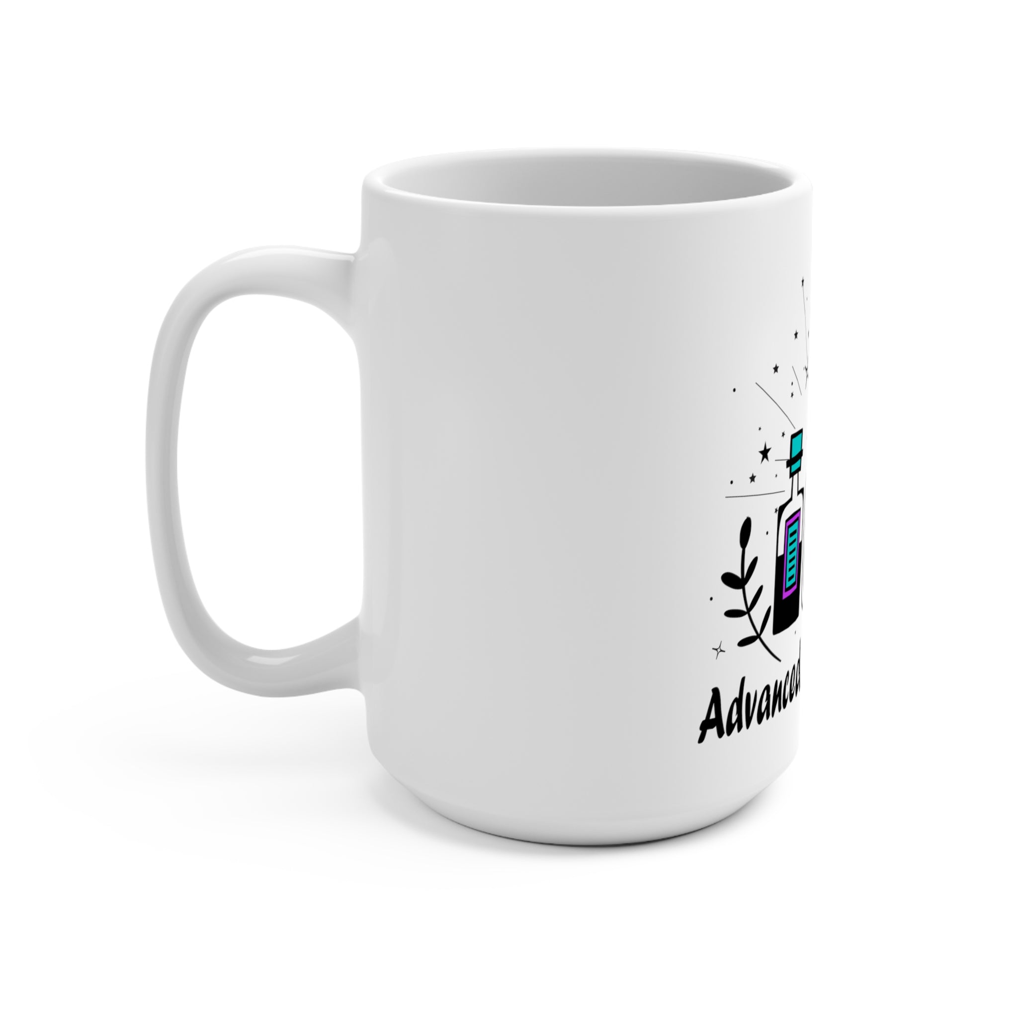 Glossy ceramic mug with magical design next to tarot deck