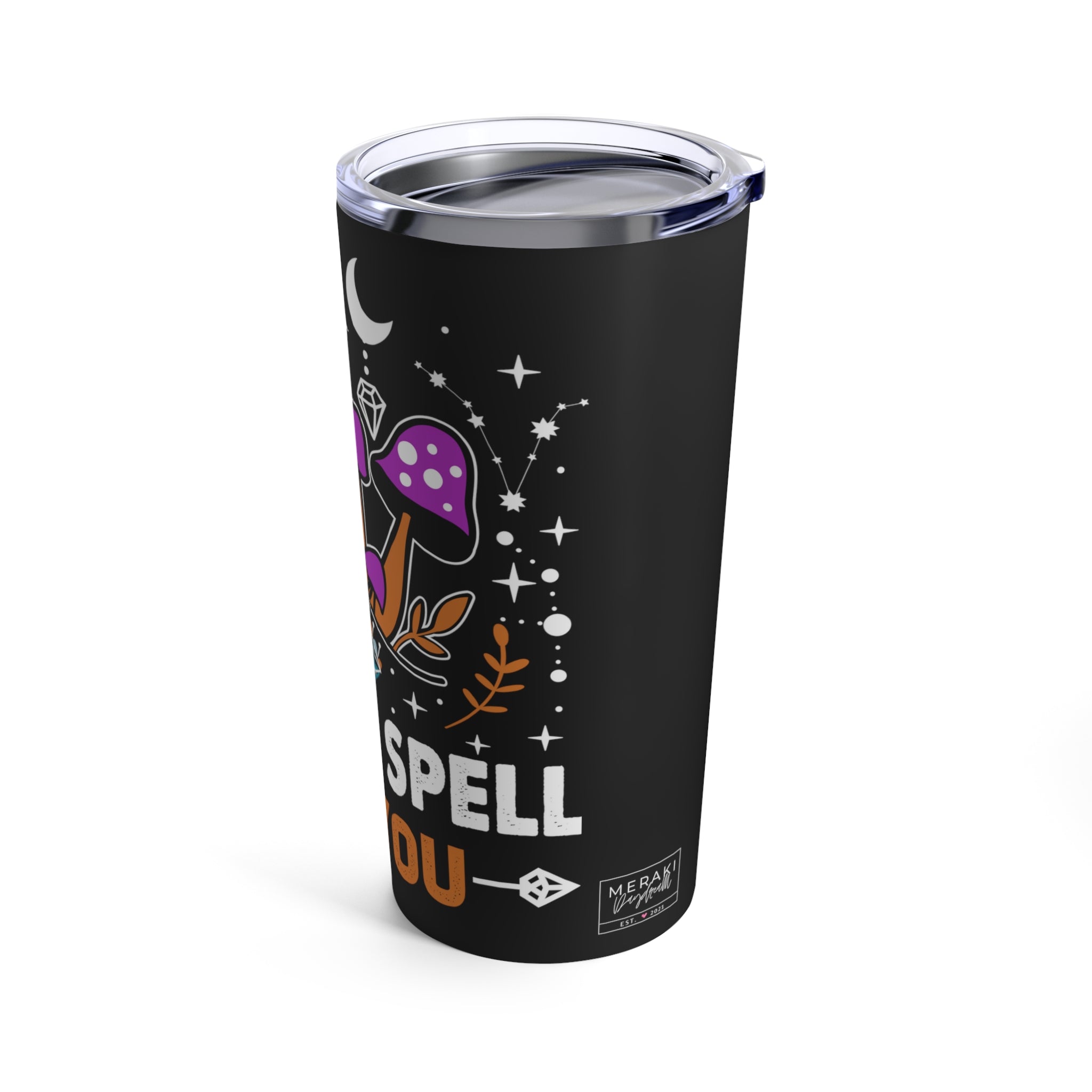 Glossy tumbler with spiritual message viewed from angled side