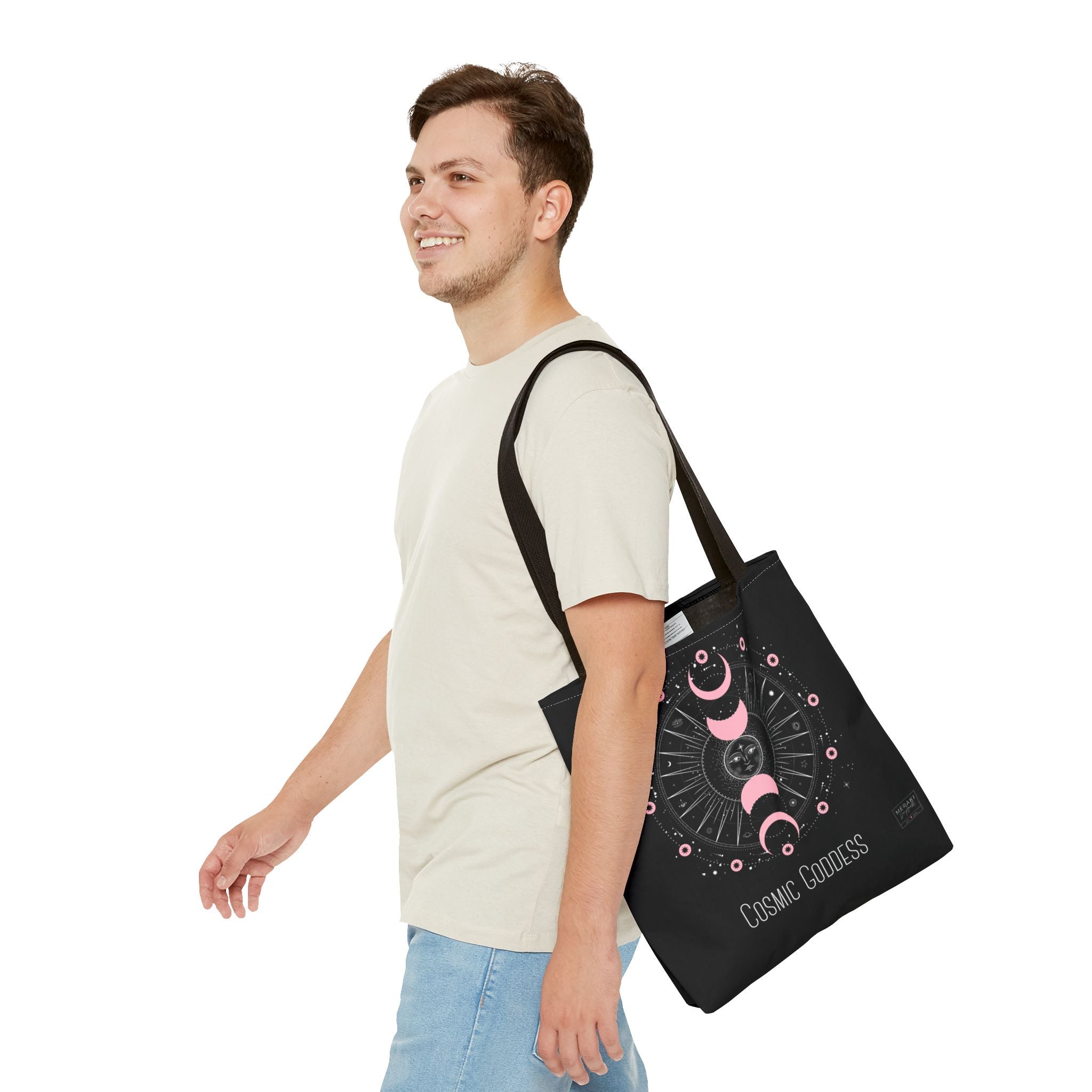 Man carrying black handle spiritual tote with astrology vibe