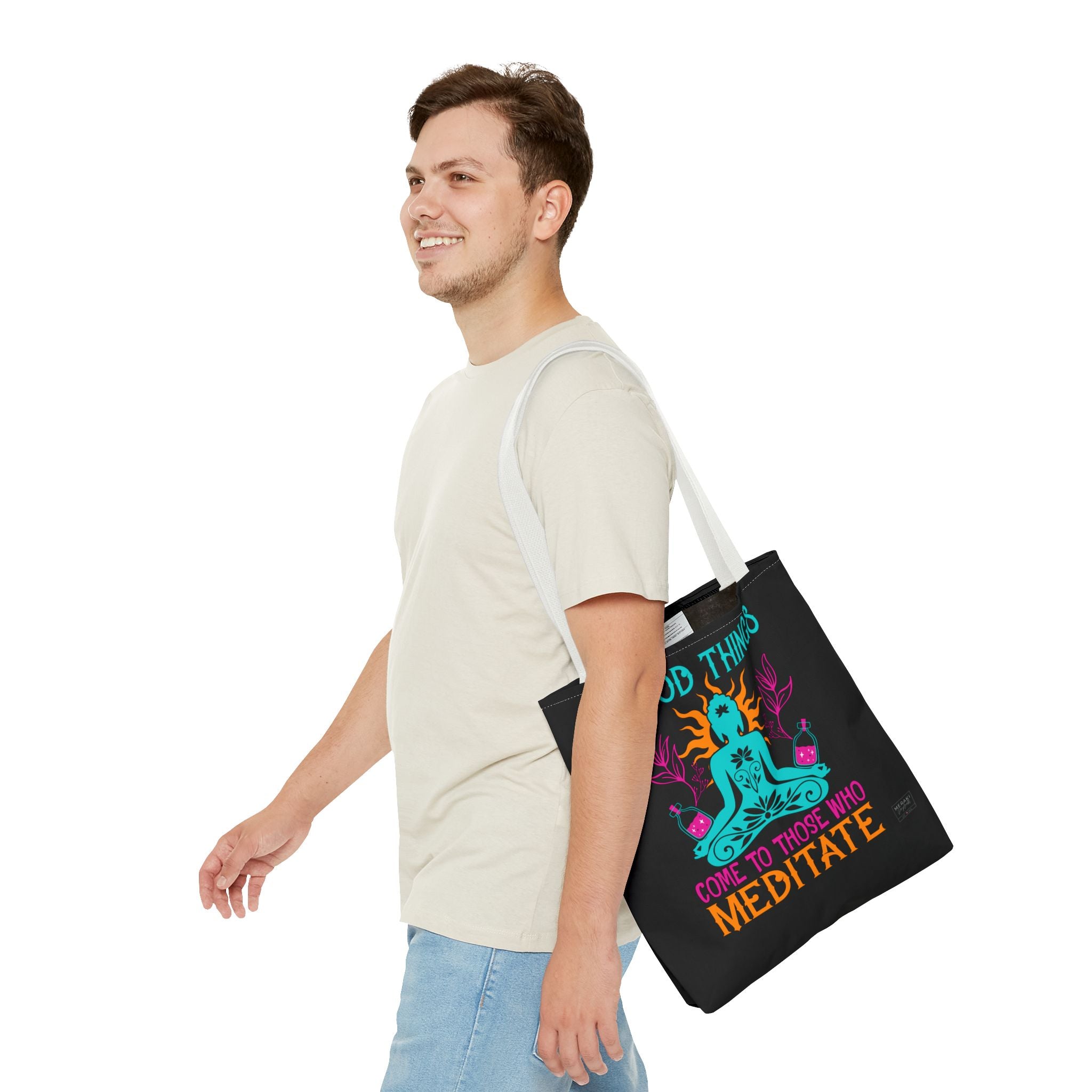 Man carrying white handle mindfulness tote with relaxed posture