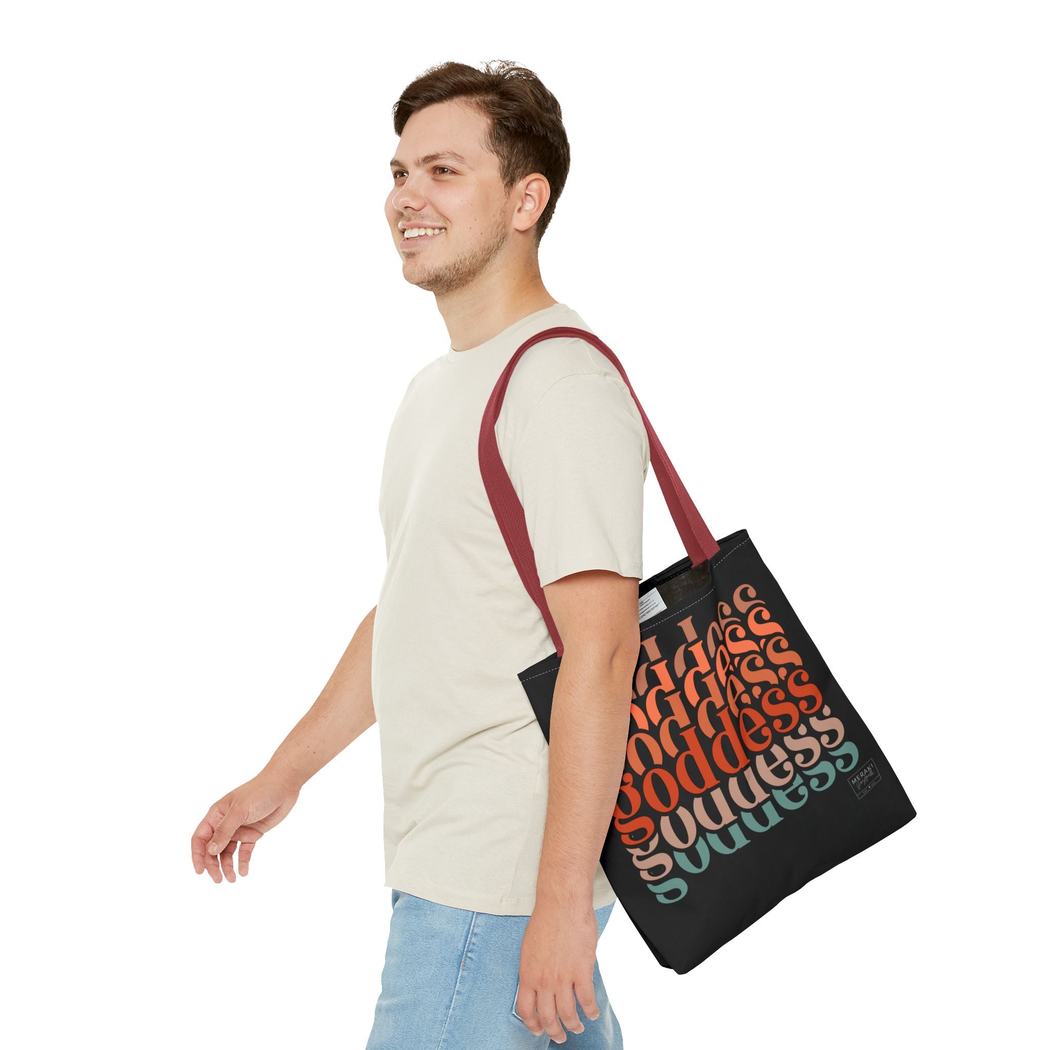 "Man holding red tote with yoga mat and water bottle peeking out"

