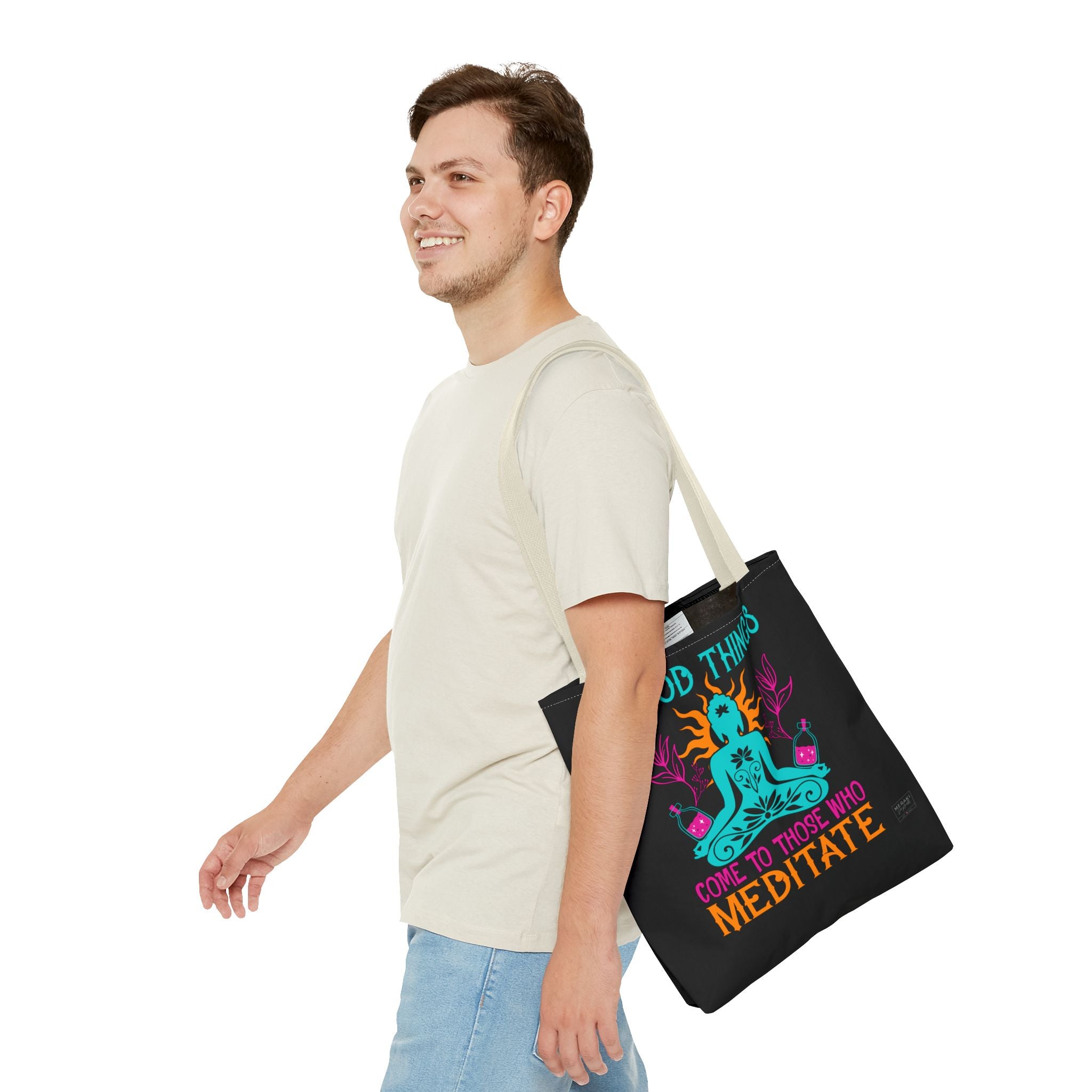Man wearing beige handle tote with calm presence and soft colors