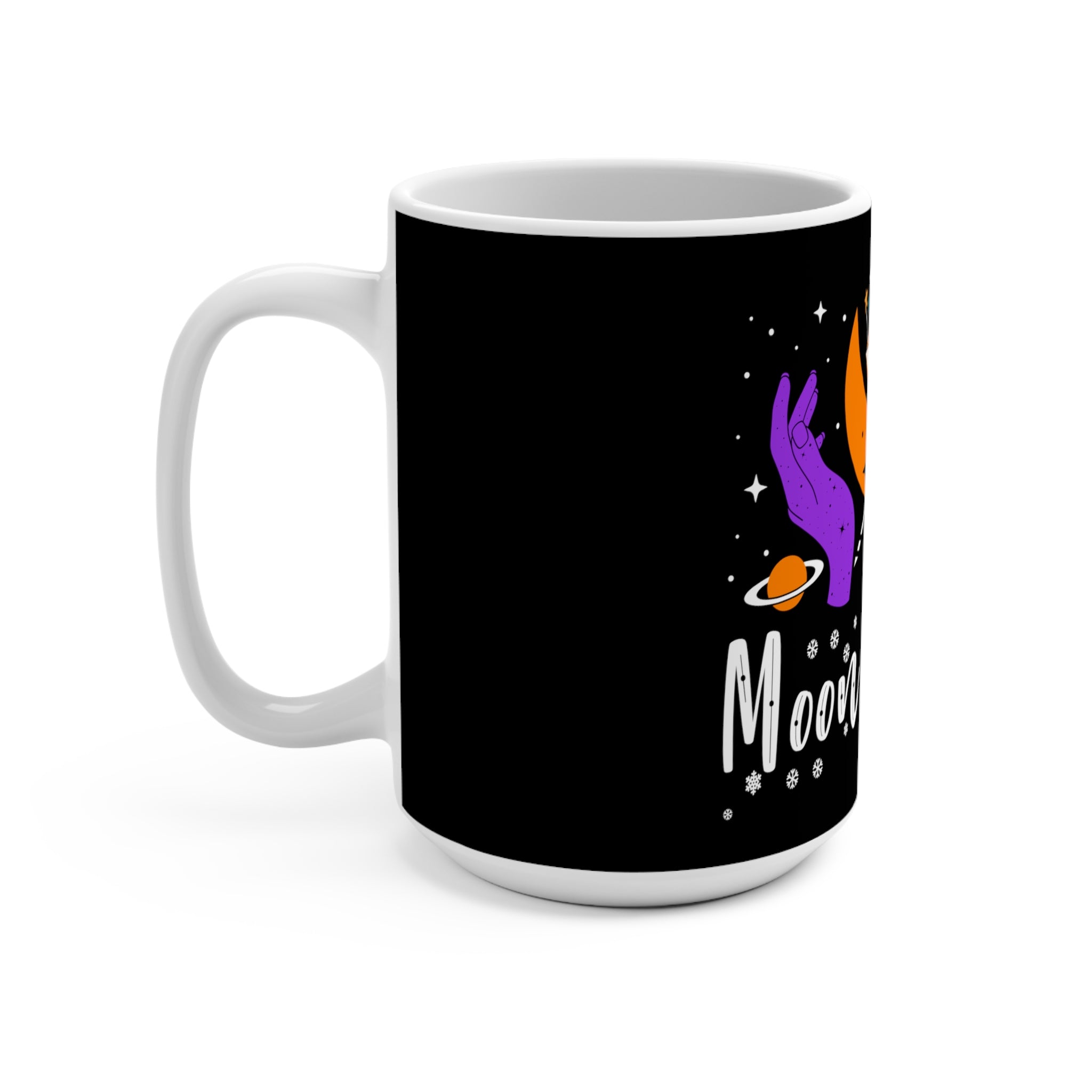 Moon-themed ceramic mug styled with crystals, candle, and herbs
