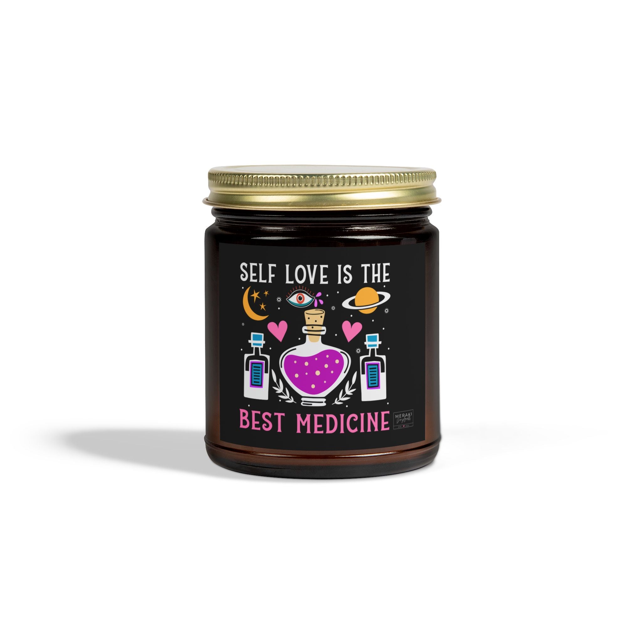 Self Love Medicine candle in amber jar with gold lid