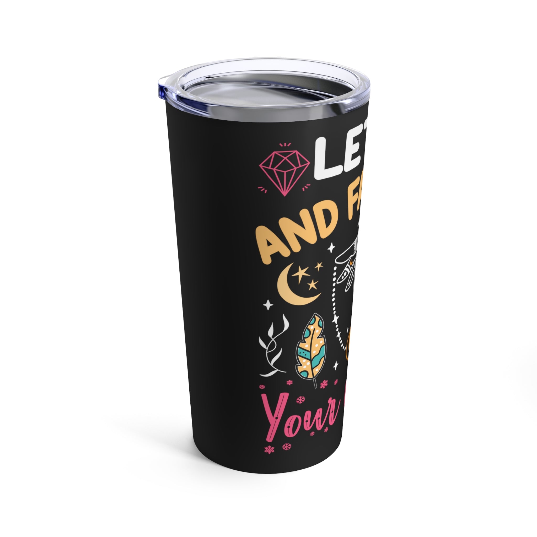 Side profile of tumbler showing seasonal magic design and push-on lid