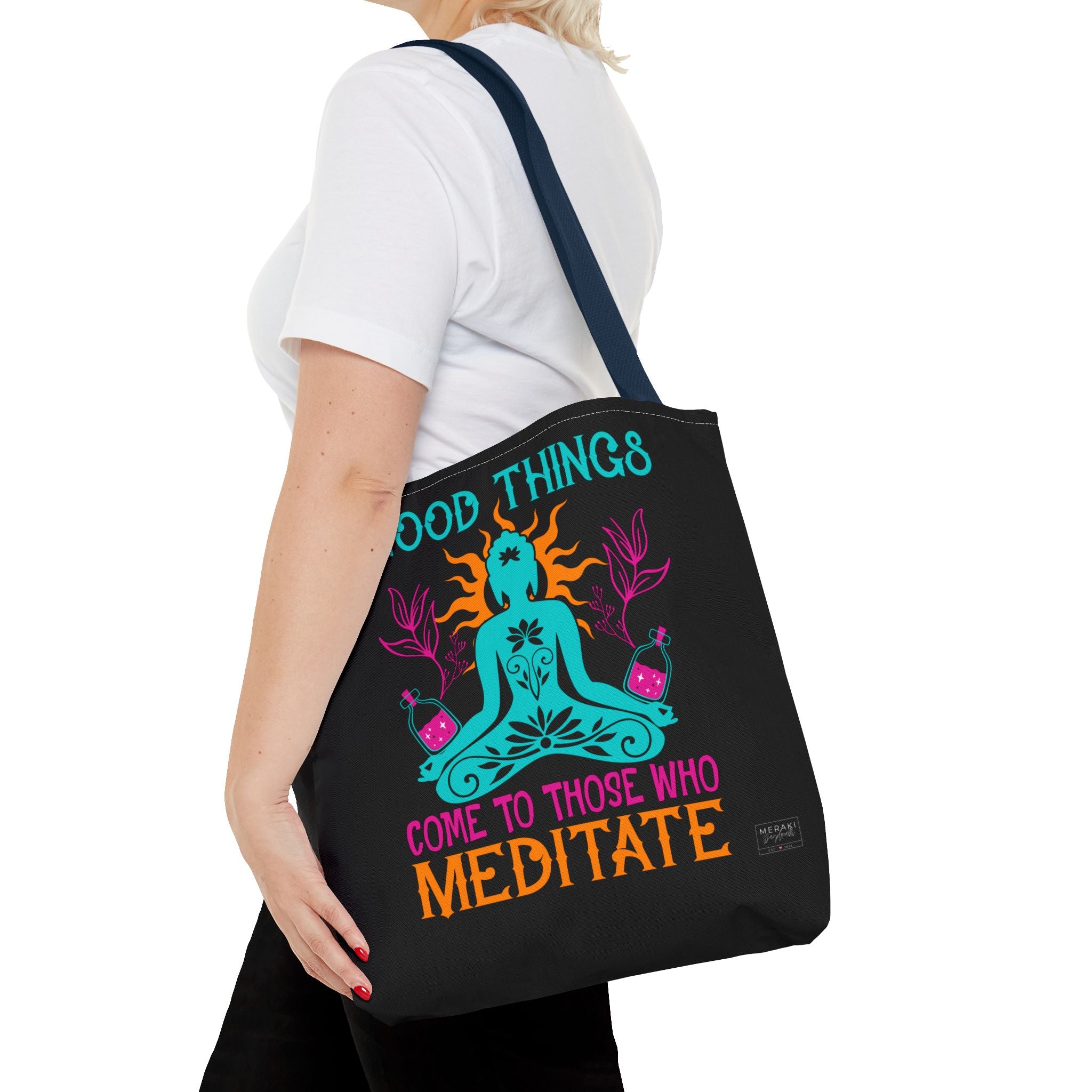 Woman walking with navy tote and breathwork journal in hand
