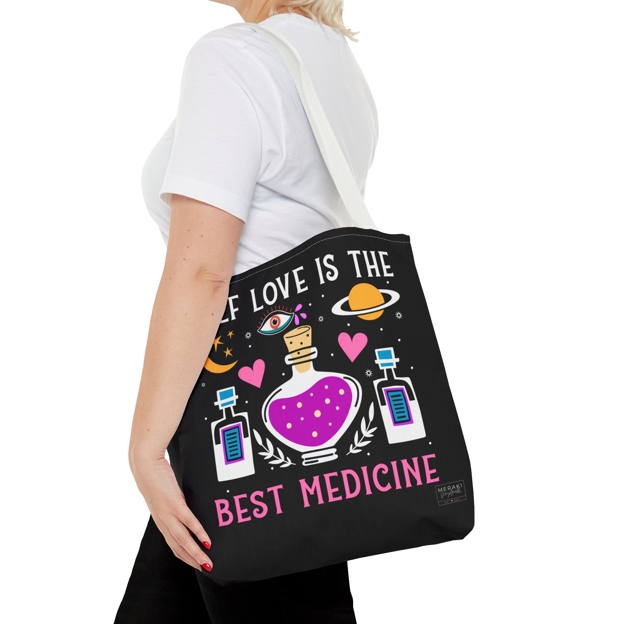 Woman walking with white handle self love tote and cozy neutral outfit