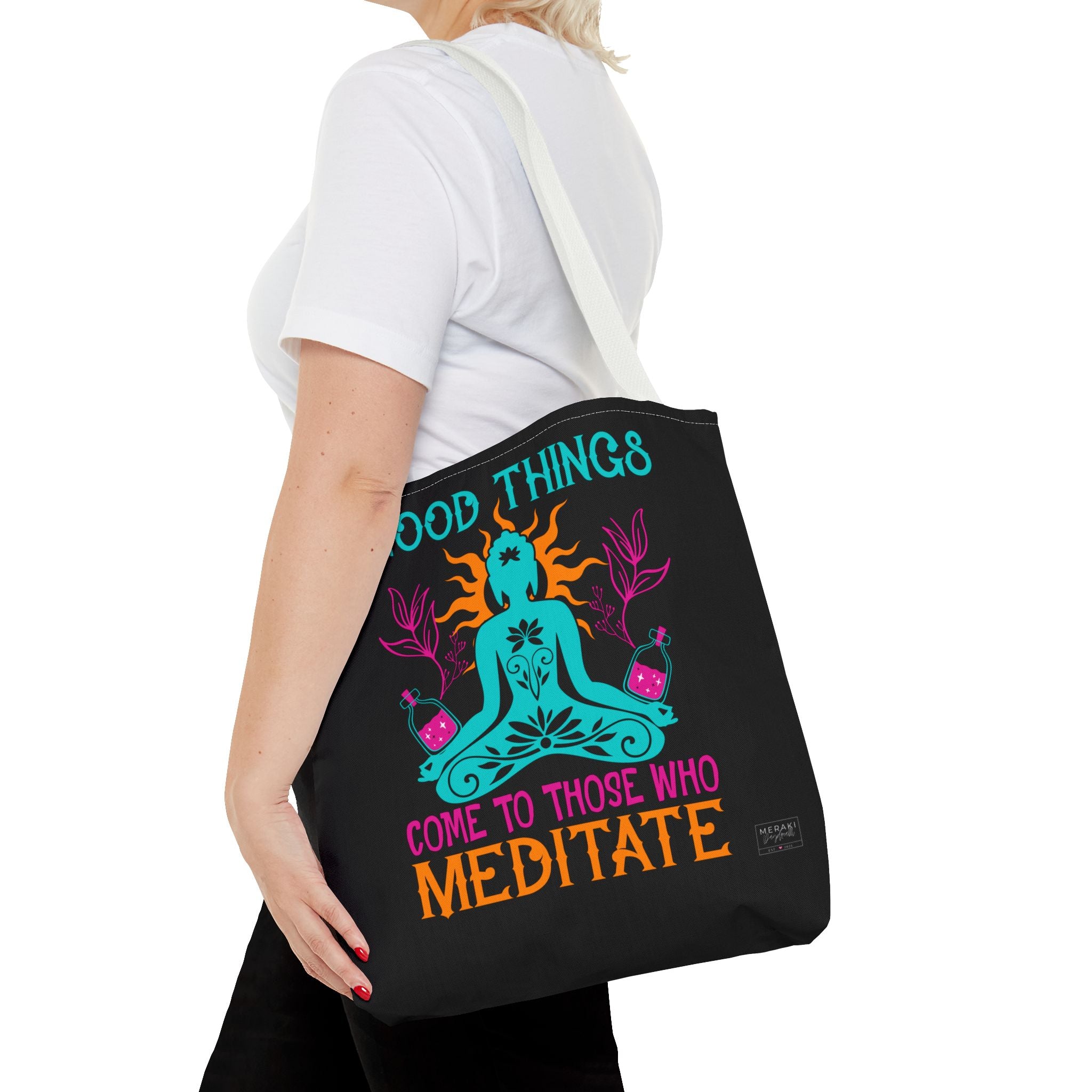 Woman with white handle tote and yoga mat at sunrise
