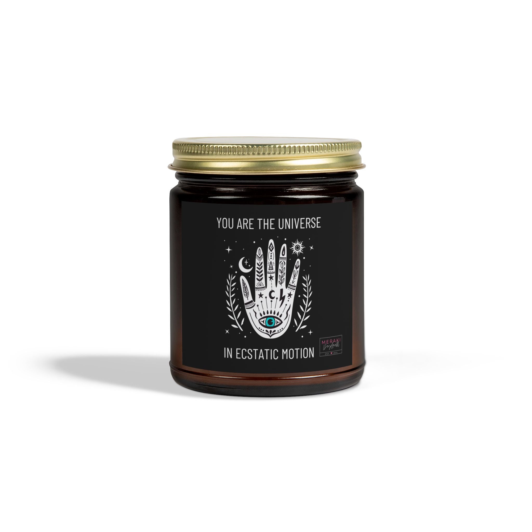 You Are the Universe candle in amber glass jar with gold lid