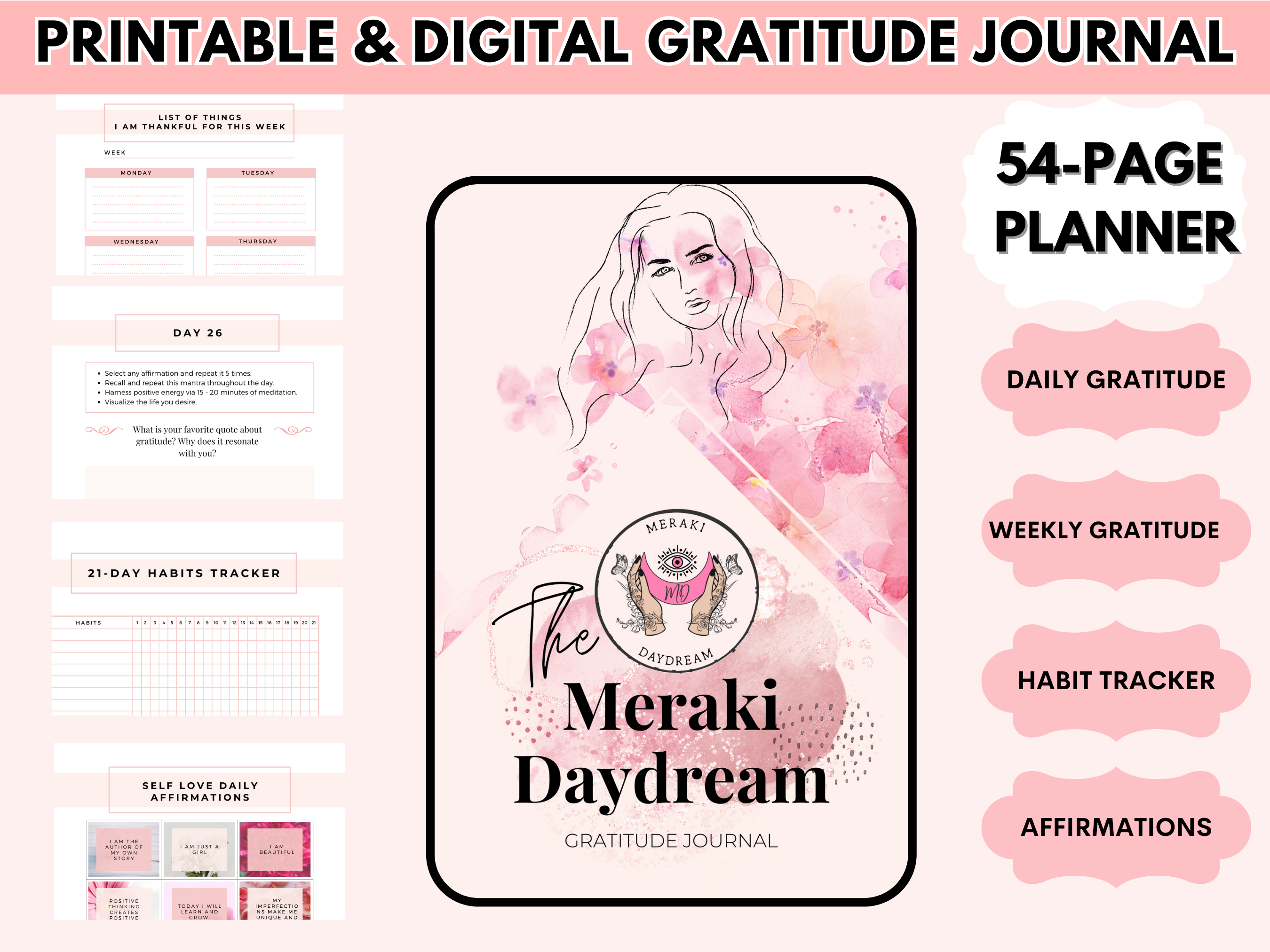 Gratitude Journal & Planner | Law of Attraction | Affirmation Journal | Habit Tracker - Meraki Daydream