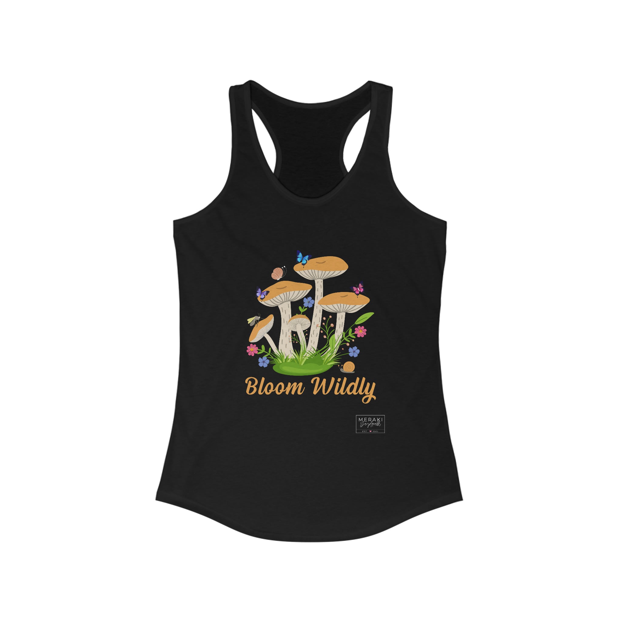 Front of black Bloom Wildly tank top with soft floral-inspired design