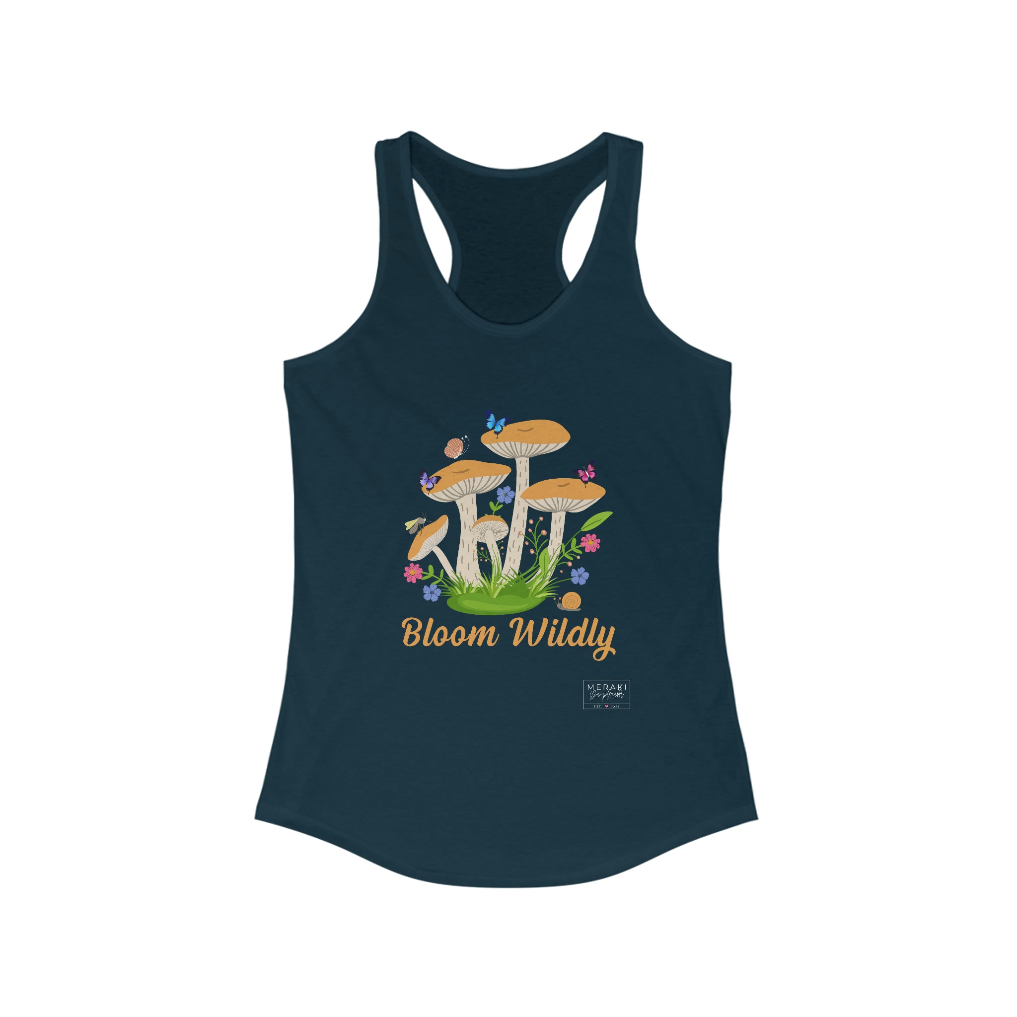Front view of navy Bloom Wildly tank top with growth affirmation design