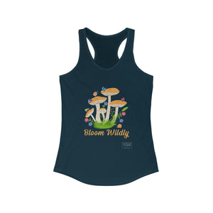 Front view of navy Bloom Wildly tank top with growth affirmation design